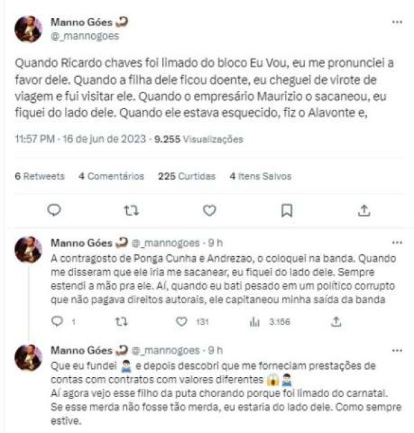 Manno Góes critica “choro” de Ricardo Chaves por ter sido “limado” do Carnatal: “Se não fosse tão merda, estaria do lado dele”